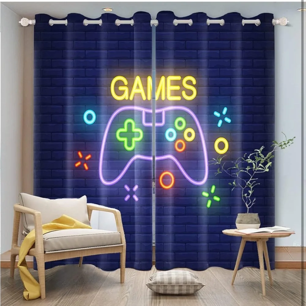 Blue Neon Video Gaming Gamer Curtains Vibrant Accents Thick Curtains w Grommets